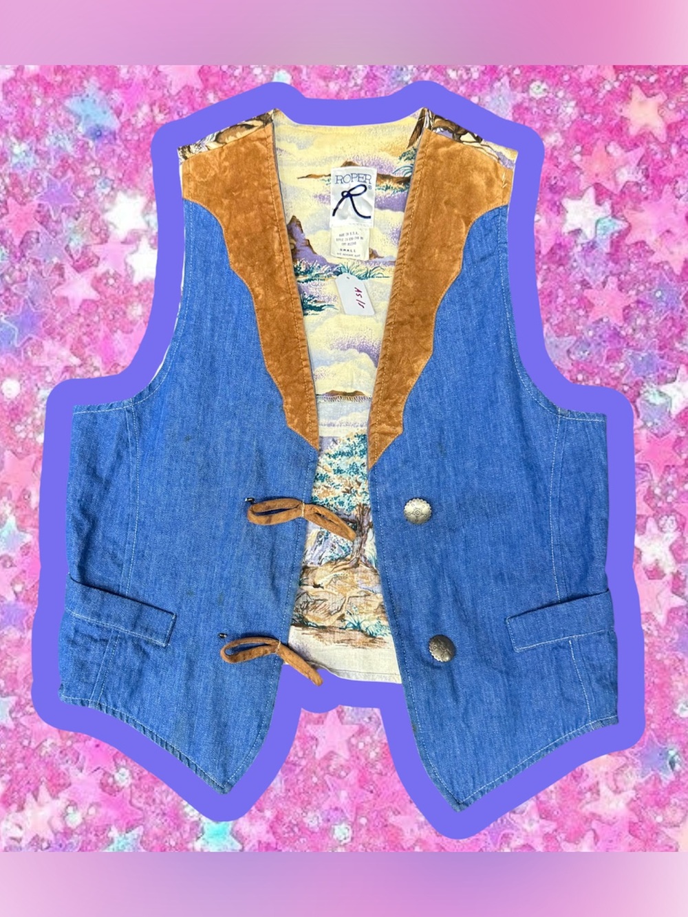Roper vintage 70s denim concho cowboy vest S M velvet western rodeo horse 60s